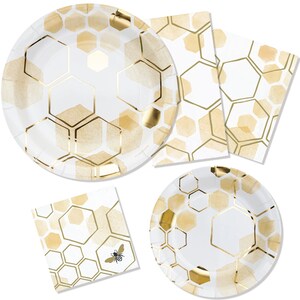 May include: A set of white paper plates and napkins with a gold honeycomb pattern. The napkins feature a small bee illustration.