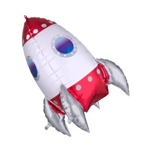 May include: A red and silver foil rocket balloon with a blue and white porthole. The balloon has two silver fins.