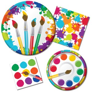 May include: A set of colorful paper plates and napkins with paint splatters and paintbrushes. The plates feature a paint palette with paintbrushes and the napkins have a colorful paint splatter design.
