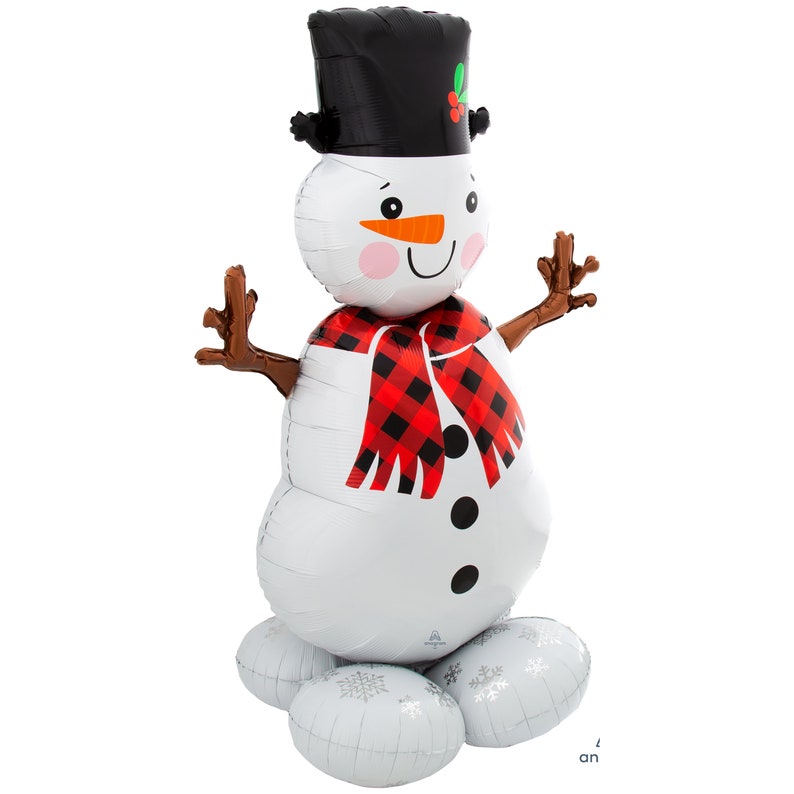 May include: A white snowman balloon with a black top hat, red and black plaid scarf, and brown twig arms. The snowman has a black button nose, black eyes, and a red smile. The balloon has a silver snowflake pattern on the bottom.