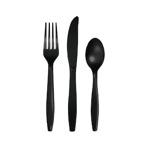 24 Black Plastic Cutlery Set, Plastic Spoon, Plastic Fork, Plastic Knife, Black Tableware, Halloween Tableware, Black Themed