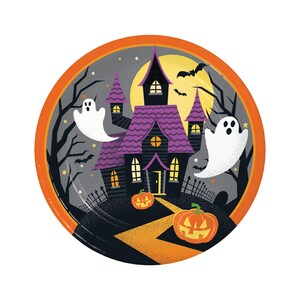 May include: A round paper plate with a Halloween theme. The plate features a purple and black haunted house with a yellow moon and two white ghosts. There are also two orange pumpkins with jack-o-lantern faces.