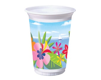 8 Tropical Plastic Cups 16 oz, Luau Party Cups, Tropical Party Cups, Aloha Party Cups, Beach Party, Tropical Birthday, Hawaiian Party Cups