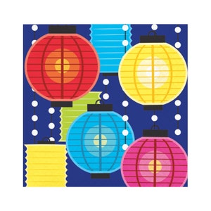 May include: A collection of six colorful paper lanterns hanging from a string of white lights against a dark blue background. The lanterns are red, yellow, blue, pink, and green.