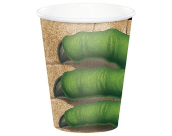 May include: Green monster hand with sharp claws printed on a brown paper cup.
