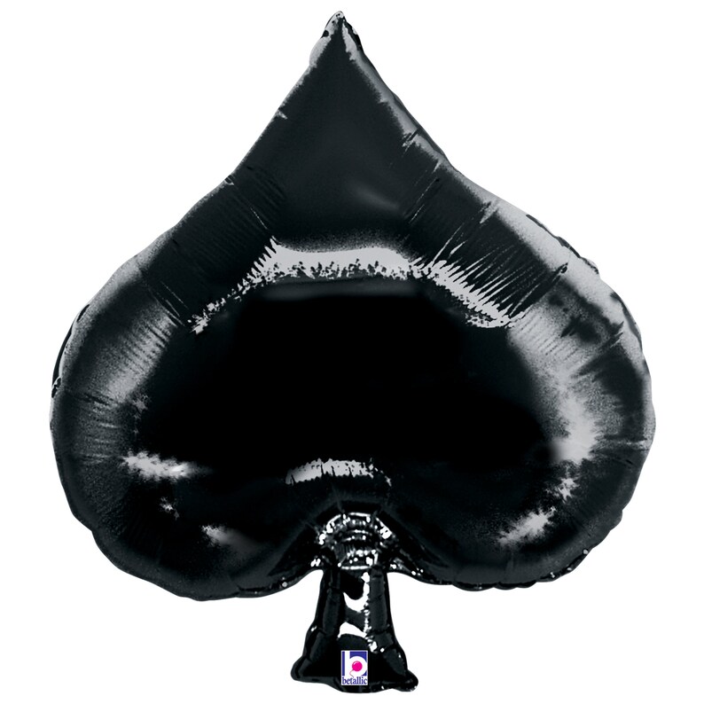 May include: Black spade shaped foil balloon. The balloon is inflated and ready to be used for a party or event.