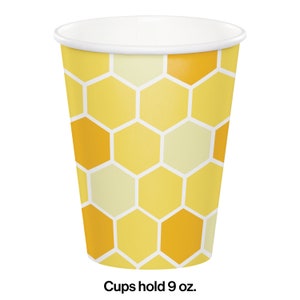 May include: Yellow and white paper cups with a honeycomb pattern. Cups hold 9 oz.