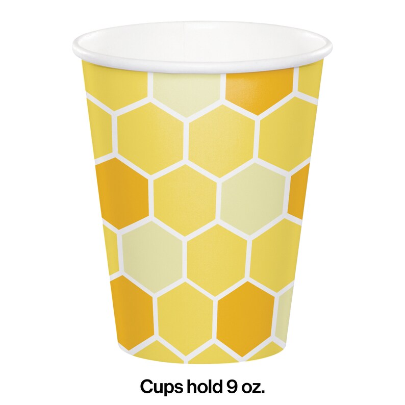 May include: Yellow and white paper cups with a honeycomb pattern. Cups hold 9 oz.