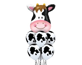Cow and Six Balloon Bouquet 32", Barnyard Balloon Bunch, Farm Animal Balloon, Cow Party, Black and White, Smiling Cow