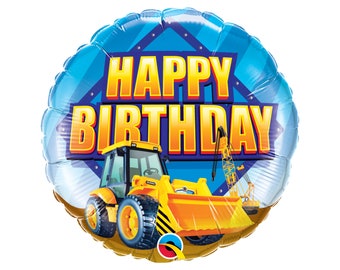 Happy Birthday Construction Truck Balloon Foil Mylar 18", Front Loader, Construction Zone, Backhoe Balloon, Construction Party