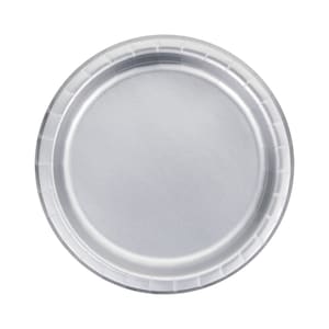 May include: A silver paper plate, perfect for serving food at a party or gathering.