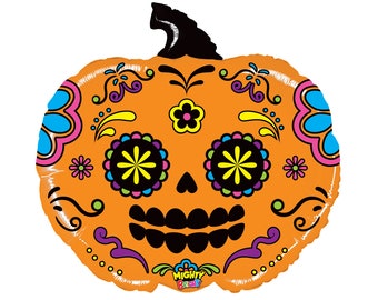 Pumpkin Sugar Skull Balloon 28", Happy Halloween, Halloween Balloons, Trick or Treat, Halloween Party, Day of the Dead, Jack O Lantern