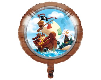 May include: A round, brown wooden balloon with a silver metal frame. The balloon has a clear plastic window showing a cartoon pirate ship sailing on the ocean with a volcano in the background.