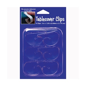 May include: A package of six clear plastic tablecover clips. The package is blue and has the text "Tablecover Clips" and "6 Clips: 2 in x 1.25 in (5.08cm x 3.175 cm)".