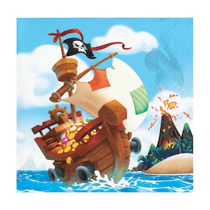 May include: A red and brown pirate ship with a white sail and a black skull and crossbones flag sails through blue water towards a volcanic island.