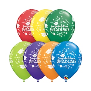 May include: A set of six graduation balloons in various colors, including red, yellow, green, purple, orange, and blue. Each balloon features a white design of stars, graduation caps, and the text "Congratulations Graduate".