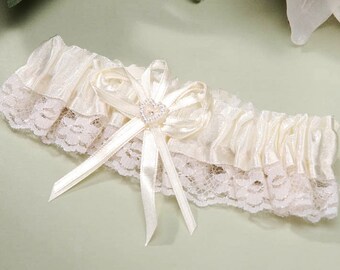 Cream Satin with Cream Lace Trim Wedding Garter, Includes Cream Bow and White Rhinestone Heart , Bride Garter, Wedding Day, Marriage