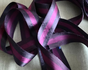 Striped ribbon, old viscose, no synthetics, 2.5 cm wide, aubergine/fuchsia