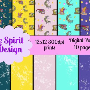 May include: A collection of 10 digital paper sheets featuring repeating patterns of top hats with colourful feathers and crescent moons with hanging charms. The designs are presented in five distinct colour backgrounds: dark teal, yellow, light pink, turquoise, and purple, with matching solid splatter-textured sheets. Text reads Le Spirit Design 12x12 300dpi prints 10 pages.