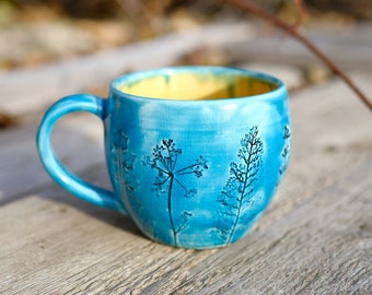 Blue and yellow pottery coffee mug botanical design, Pottery tea mug ukrainian colors, Handmade pottery cup, Plant impressions mug
