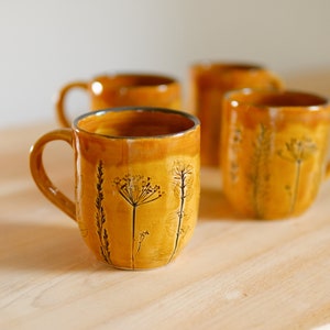 Yellow coffee mug handcrafted pottery stoneware plants impressions, sunny cup image 4