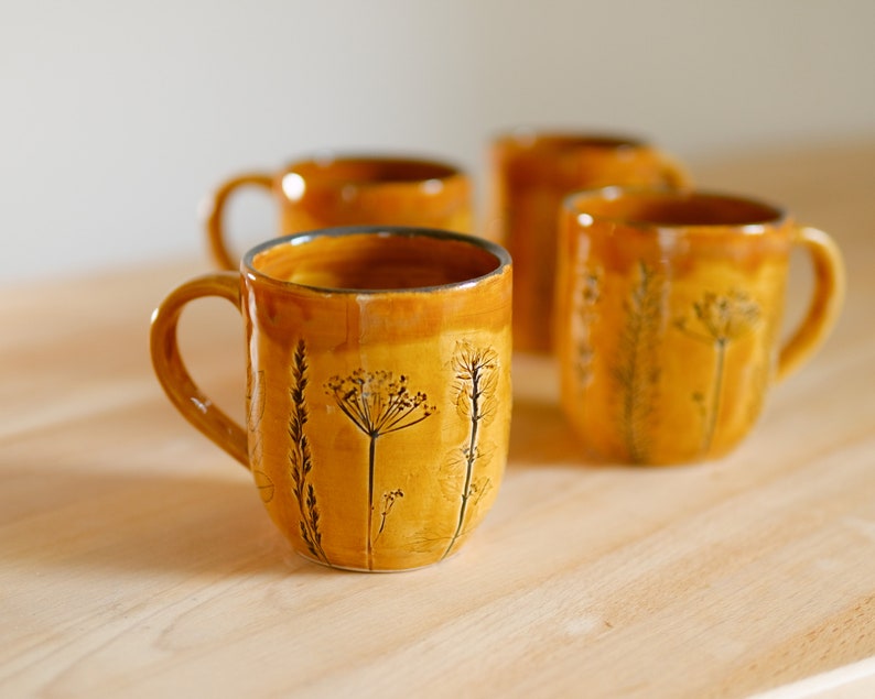 Yellow coffee mug handcrafted pottery stoneware plants impressions, sunny cup image 4