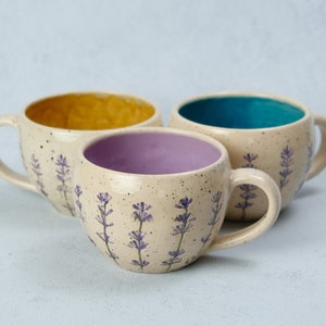 Lavender style beige coffee cup, lavender imprints tea cup, ceramic colorful cup and saucer, pottery coffee cup