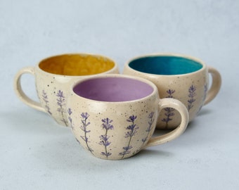 Lavender style beige coffee cup, lavender imprints tea cup, ceramic colorful cup and saucer, pottery coffee cup