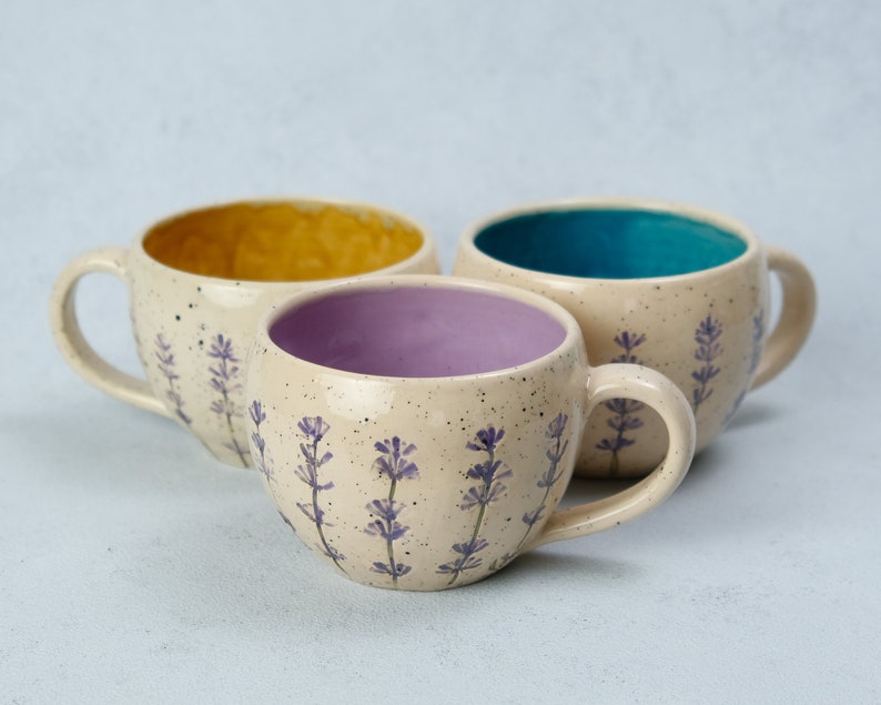 Lavender style beige coffee cup, lavender imprints tea cup, ceramic colorful cup and saucer, pottery coffee cup Bild 1