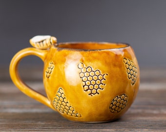 Yellow tea cup with bee honey style, Handmade ceramic cup, Coffee cup cozy, Unique golden pottery coffee mug handmade