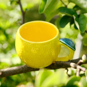 Handcrafted Lemon Mug: Ceramic Coffee Cup with Leaf Handle