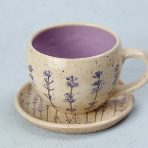 Lavender style beige coffee cup, lavender imprints tea cup, ceramic colorful cup and saucer, pottery coffee cup Bild 8