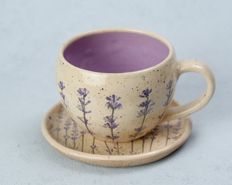 Lavender style beige coffee cup, lavender imprints tea cup, ceramic colorful cup and saucer, pottery coffee cup Bild 8