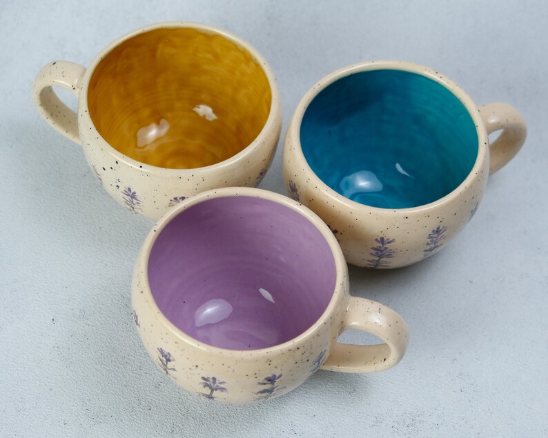 Lavender style beige coffee cup, lavender imprints tea cup, ceramic colorful cup and saucer, pottery coffee cup Bild 2