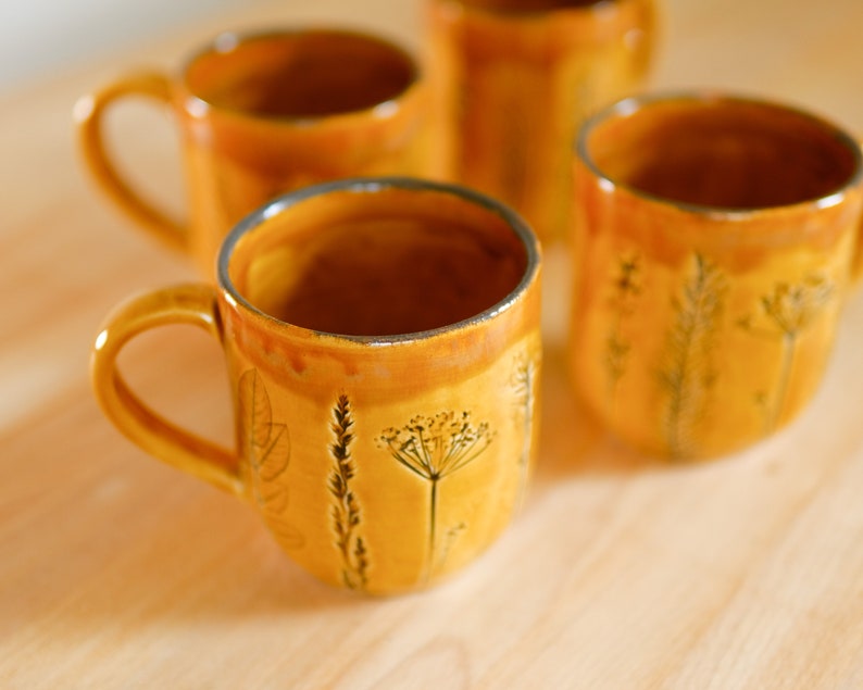 Yellow coffee mug handcrafted pottery stoneware plants impressions, sunny cup image 6