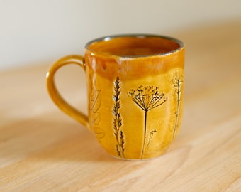 Yellow coffee mug handcrafted pottery stoneware plants impressions, sunny cup