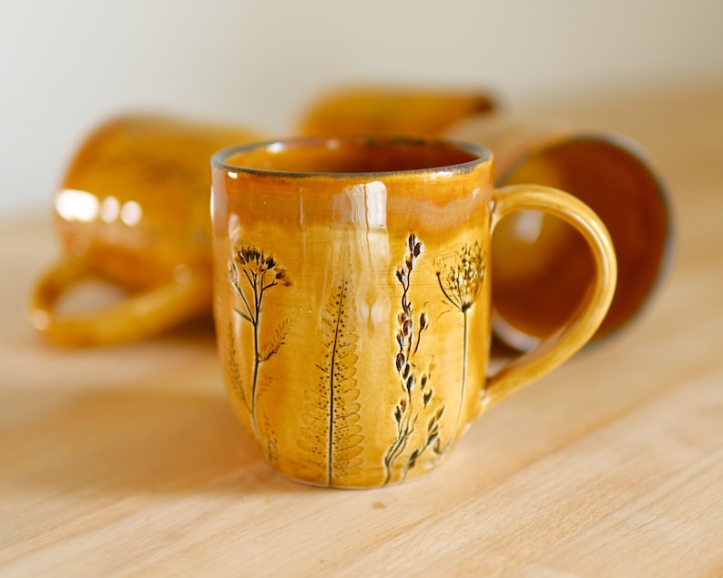 Yellow coffee mug handcrafted pottery stoneware plants impressions, sunny cup image 3