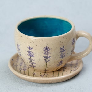 Lavender style beige coffee cup, lavender imprints tea cup, ceramic colorful cup and saucer, pottery coffee cup Bild 7