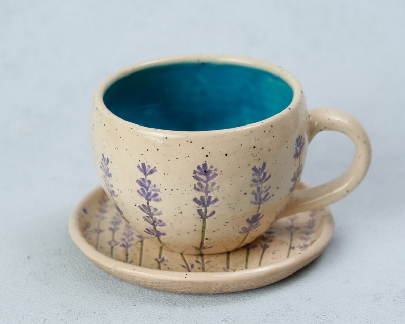 Lavender style beige coffee cup, lavender imprints tea cup, ceramic colorful cup and saucer, pottery coffee cup Bild 7