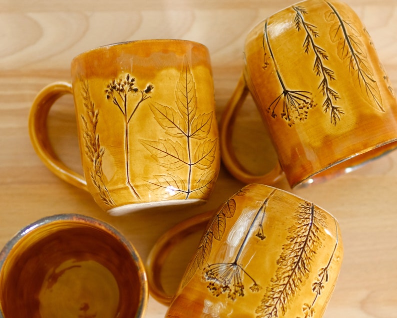 Yellow coffee mug handcrafted pottery stoneware plants impressions, sunny cup image 7