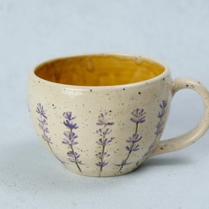 Lavender style beige coffee cup, lavender imprints tea cup, ceramic colorful cup and saucer, pottery coffee cup Gelb