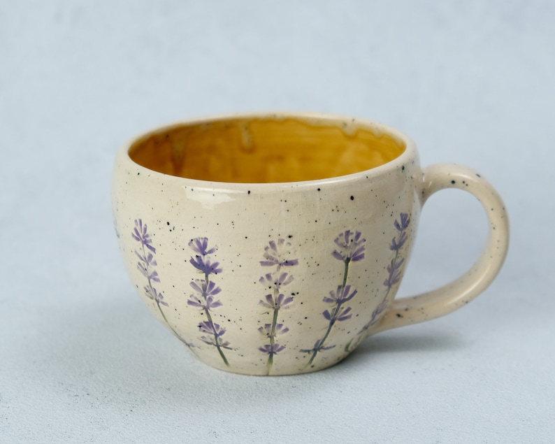 Lavender style beige coffee cup, lavender imprints tea cup, ceramic colorful cup and saucer, pottery coffee cup Gelb