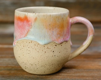 Stoneware Mug with Colorful Glaze Streaks and Cute Dots - Handcrafted Vibrant Pottery Coffee Cup with Artistic Flair