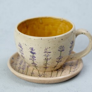 Lavender style beige coffee cup, lavender imprints tea cup, ceramic colorful cup and saucer, pottery coffee cup Bild 9