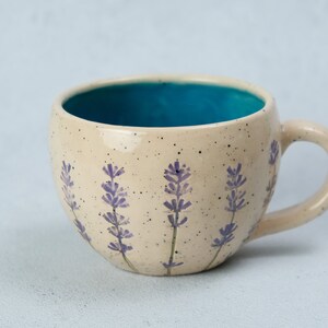 Lavender style beige coffee cup, lavender imprints tea cup, ceramic colorful cup and saucer, pottery coffee cup Blau