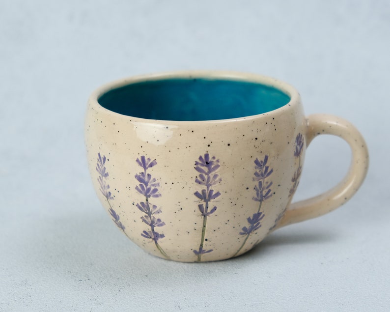 Lavender style beige coffee cup, lavender imprints tea cup, ceramic colorful cup and saucer, pottery coffee cup Blau