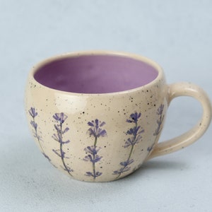 Lavender style beige coffee cup, lavender imprints tea cup, ceramic colorful cup and saucer, pottery coffee cup Lila