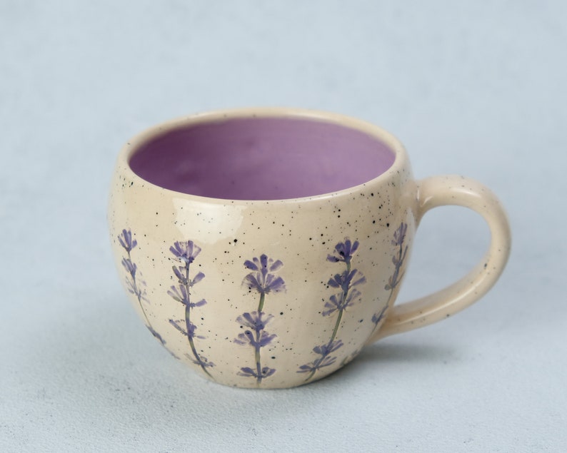 Lavender style beige coffee cup, lavender imprints tea cup, ceramic colorful cup and saucer, pottery coffee cup Lila