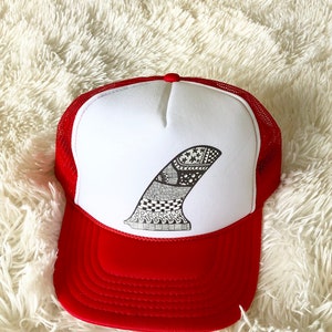 Single Fin Longboard Trucker Hat Red- Zen Doodle Art Unisex Snapback