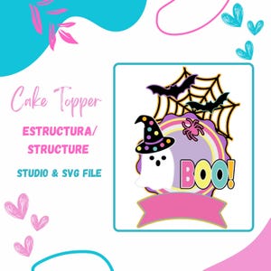May include: A Halloween-themed cake topper design featuring a cartoon ghost wearing a witch hat, with the word "BOO!" and bats. The design includes a spider, a web, and a pink banner. The text "Cake Topper" and "STRUCTURE" are also present.